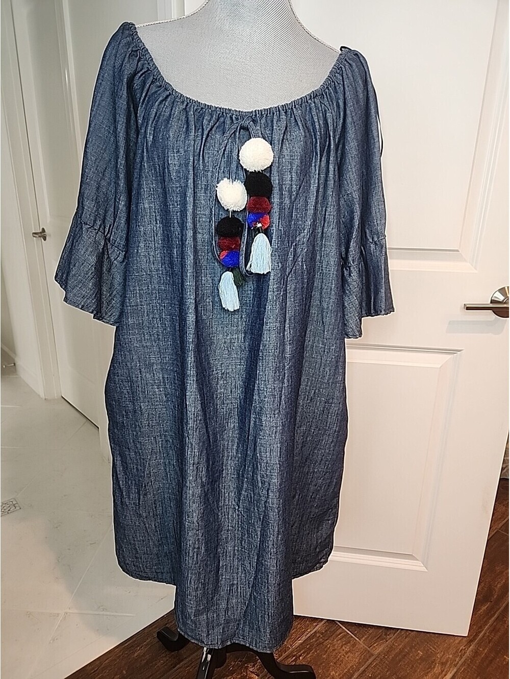 Philosophy Off The Shoulder Dress Women's Sz XL Denim Blue Bell Sleeve tassels